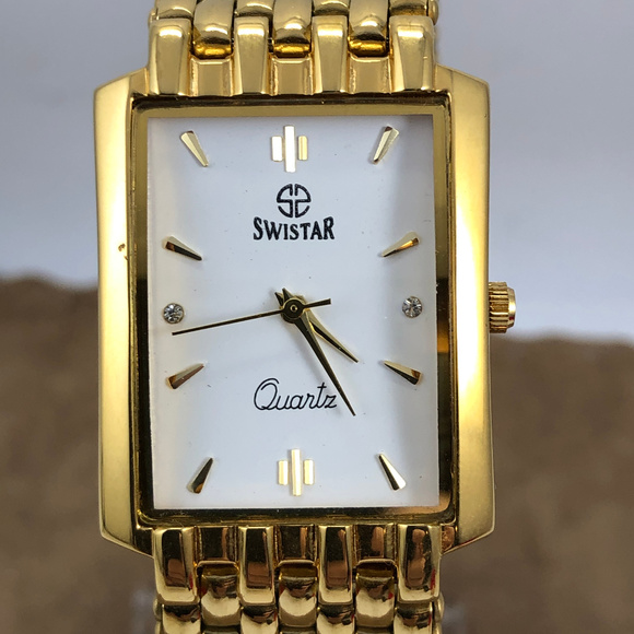 Fabulous Swistar Gold Tone Metal Link Tank Watch - Picture 1 of 7